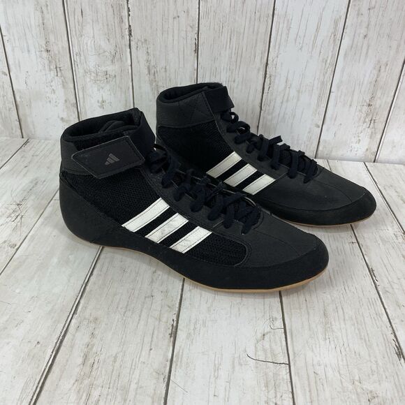 Adidas Shoes Mens 8 HVC 2 Wrestling Sneakers Black Leather Mid Top Logo … - Picture 1 of 11